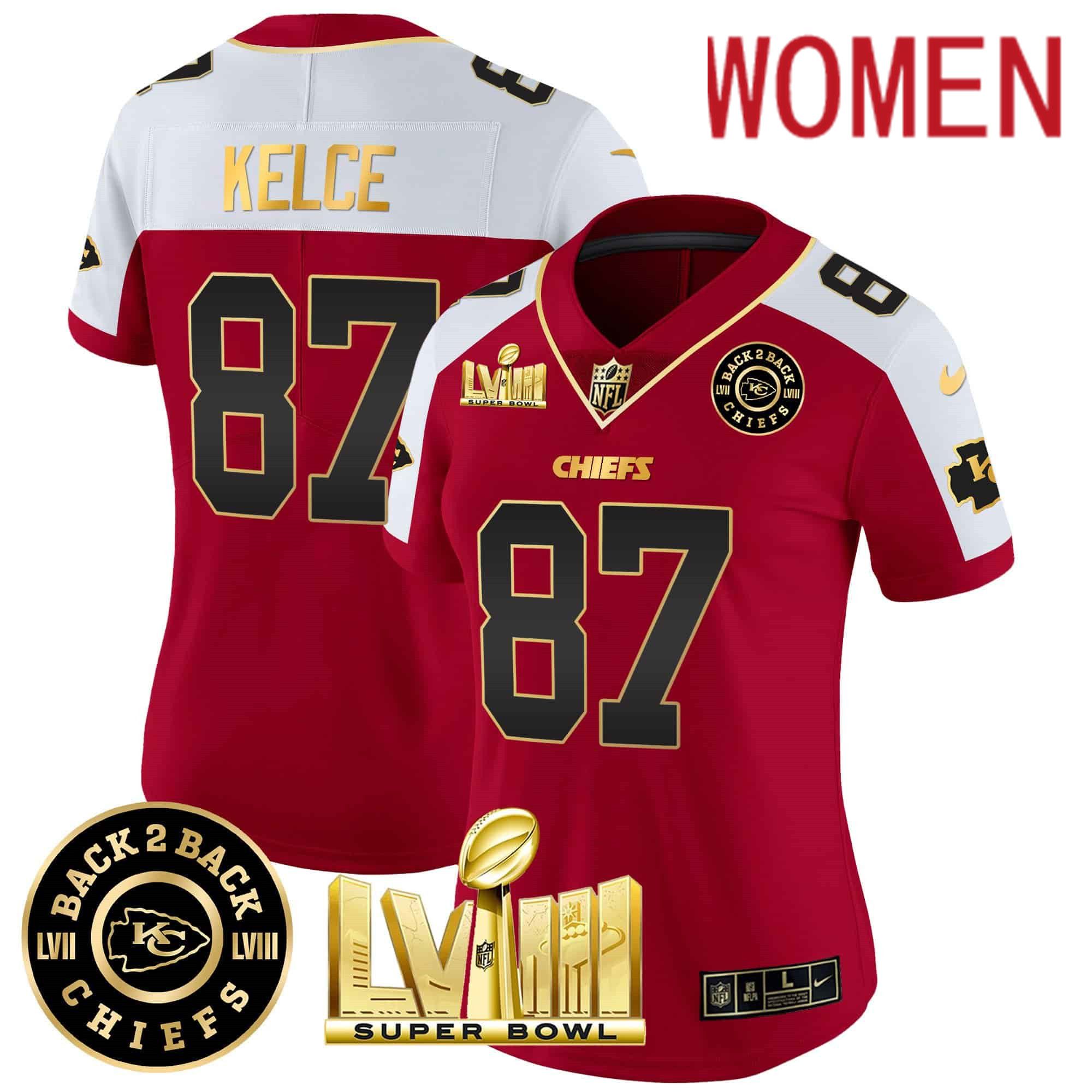 Women Kansas City Chiefs #87 Kelce Red 2024 Nike Super Bowl LVIII & Back-2-Back Patch Vapor NFL Jersey
